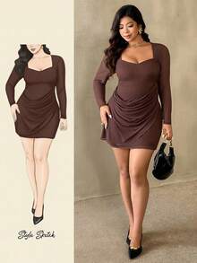 Auralis Plus Size Women's Ruched Bodycon Mini Dress,Chocolate Brown,Autumn,Elegant,Night Out Club Long Sleeve Mesh Sheer Clubwear,Formal Party Mermaid - Brown - View 1