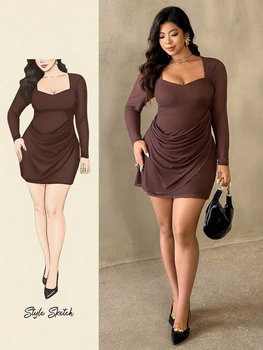 Auralis Plus Size Women's Ruched Bodycon Mini Dress,Chocolate Brown,Autumn,Elegant,Night Out Club Long Sleeve Mesh Sheer Clubwear,Formal Party Mermaid - Brown - View 1