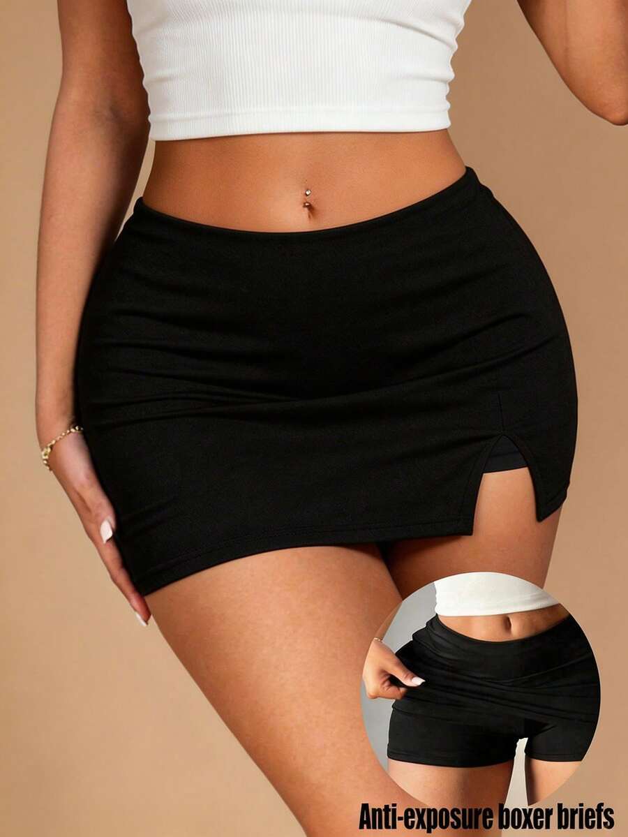 Radiana 女士性感休闲黑色纯色褶裥侧开衩迷你紧身裙(含内置短裤)黑色迷你裙,防走光平角内裤 - 黑色 - 查看 1