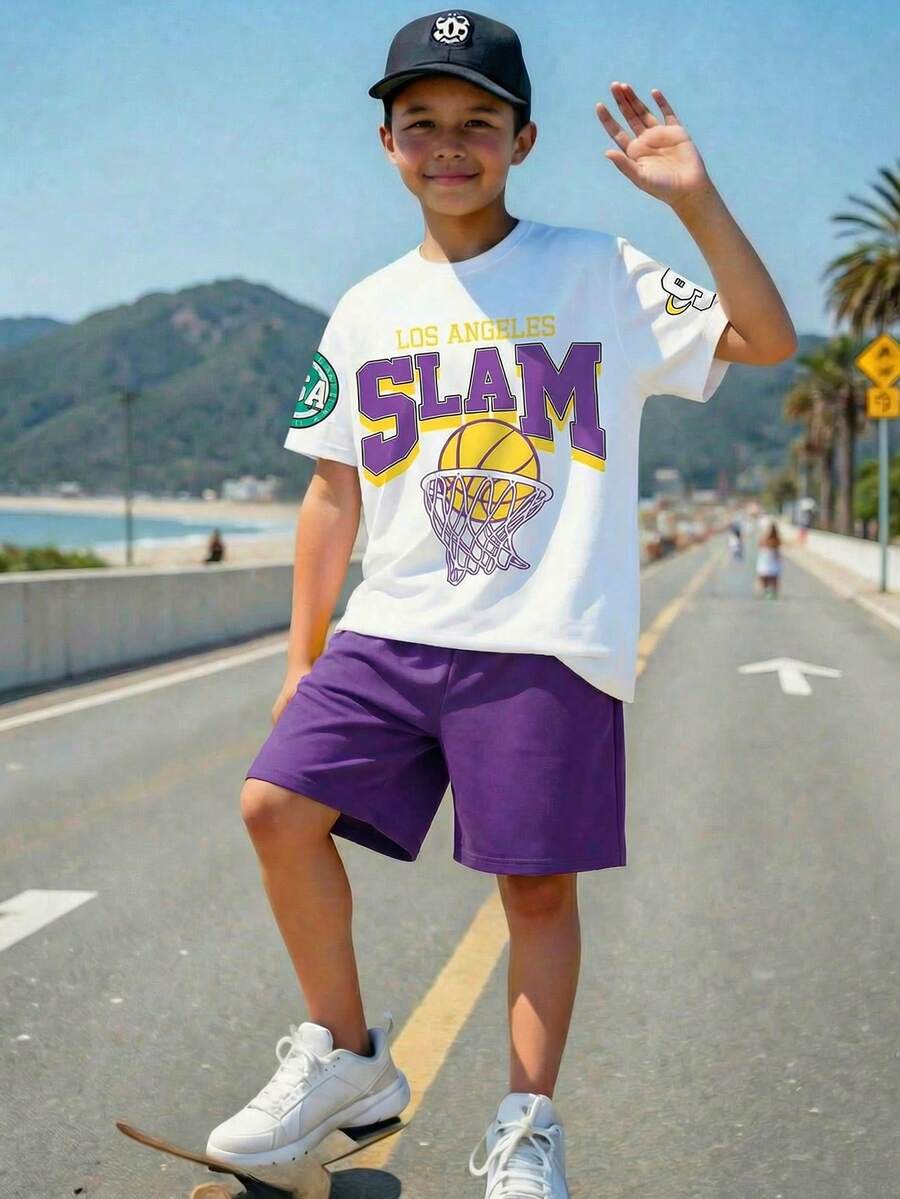青少年男童新款休闲简约Y2K篮球服套装，复古美式运动风格，舒适圆领短袖T恤和短裤套装 - 彩色 - 查看 1