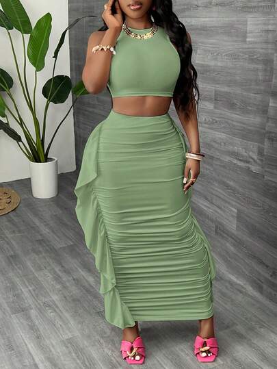 Slaydiva Summer Vacation Beach Party Round Neck Sleeveless Backless Adjustable Waist Tie Cropped Camisole Top & Long Ruffle Hem Skirt 2-Piece Set, Solid Color Knit For Women Wrap Around Dresses For Ladies Y2k Dresses Ycv9w Discount Code For Woman Dress Wow Dress