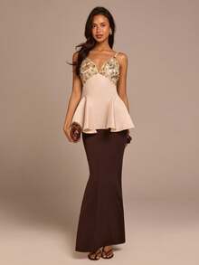 COSMINA Women's Elegant Sequin Floral Embroidery Patchwork Waist Tie Camisole, V-Neck Orange Floral Summer Fashion Top For Holiday Dinner Party, Classy Tops - Multicolor - View 3