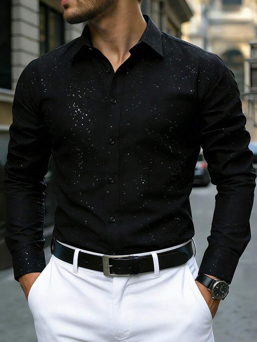 Manfinity Bizformal 男士黑色纹理亮片装饰商务长袖衬衫/现代奢华/魅力夜生活/夏季黑色亮片纽扣衬衫,轻盈透气面料,闪亮点缀,约会之夜和晚宴的百搭上衣/男士纯黑色亮片正装衬衫,闪亮弹力面料,亮片细节,修身剪裁,适合派对男士/黑色衬衫/商务休闲男士衬衫/黑色领衬衫/男士亮片衬衫/黑色正装男士衬衫 - 黑色 - 查看 1