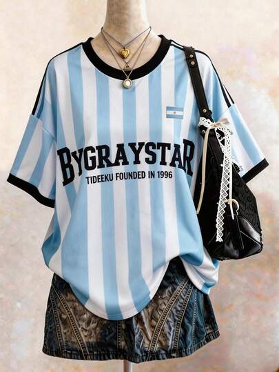 Lalippa Oversized American Striped Casual Minimalist Round Neck Dropped Shoulder Mid-Length T-Shirt, Gift For Friends