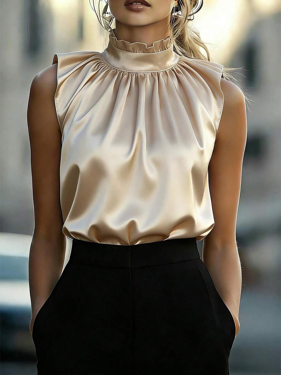 Balvessa 黑色立领荷叶边下摆无袖优雅女式衬衫 - 杏色 - 查看 1