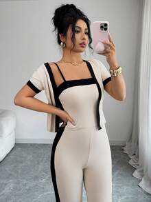 Rafferiza Women's Elegant Pink And Black Summer Tea Party 2-Piece Set,Short Sleeve Cardigan & Fitted Waist Color-Blocked Jumpsuit, Bodycon Flared Pants - Apricot - View 4