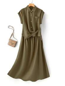 SHEIN Franclia Franclia Women's Fashionable, Elegant And Lightweight Linen Dress - Green - View 8