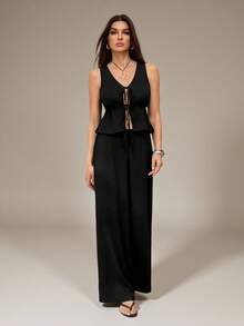 SHEIN Tall Conjunto casual de vacaciones de punto negro para mujer - Negro - Ver 3