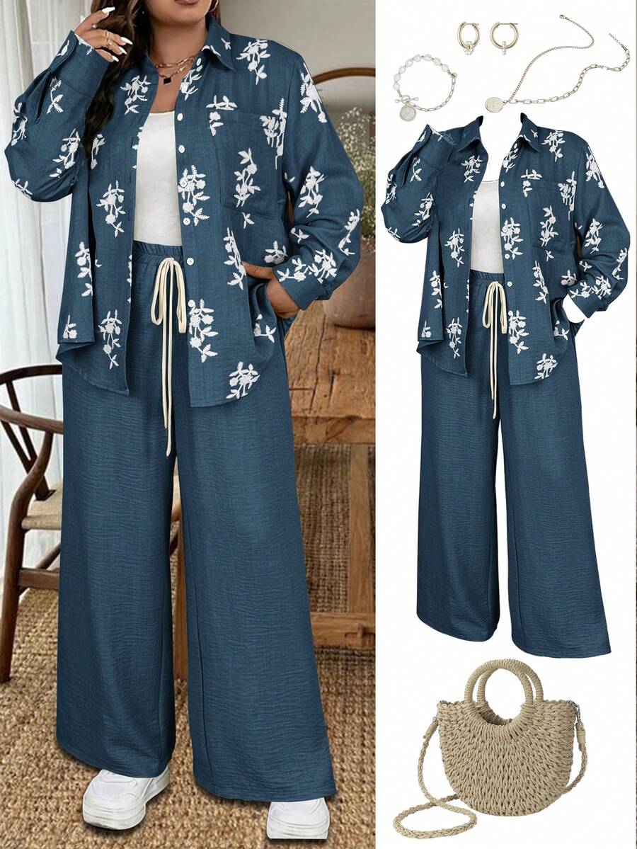 Ceyna Plus Size Women French Style Casual Elegant Long Sleeve Top And Pants 2 Pieces Set, Autumn/Winter Women Clothes Sets Floral Print Set - Navy Blue - View 1