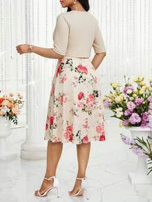 SHEIN Lady 女士纯色半袖开衫和印花连衣裙优雅两件套 - 彩色 - 查看 2