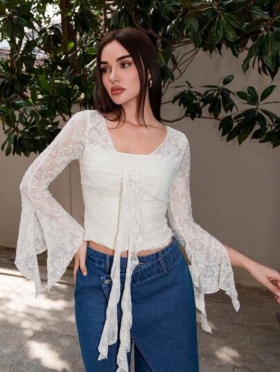 Bris Aura Blusa romántica y elegante con lazo delantero en color albaricoque, camiseta linda para mujer, disfraz de otoño/invierno con diseño calado para mujer, blusa de pirata, disfraz de princesa, top para salir