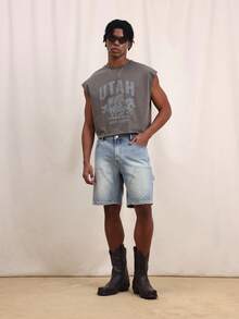 SUMWON Men's Carpenter Denim Shorts With Knee Panel Details And Multiple Pockets For Summer Casual Wear - Blue - View 3