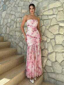 Firerie Women's Elegant Floral Print Ruched Dress, Summer - Apricot - View 3