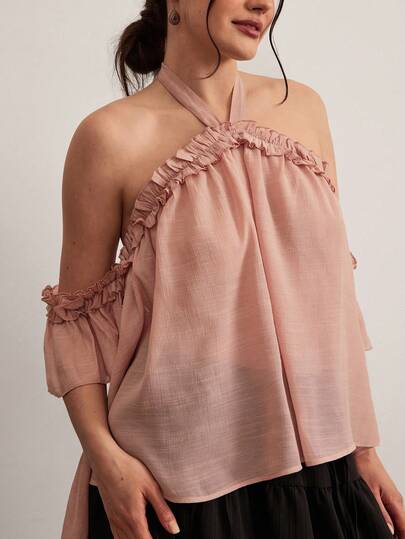 Freevana 大码波西米亚风宽松淡紫色露肩上衣，荷叶边喇叭袖，优雅休闲，适合夏季度假穿着