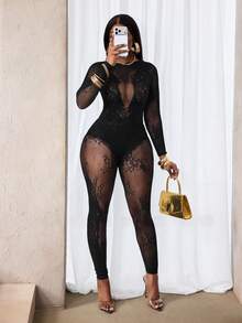 BamGleam Women's Sexy Hollow Out Fishnet Sheer Jumpsuit - Black - View 4