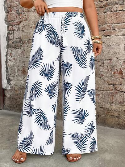 Breezaya Plus Size Tropical Leaf Print Tassel Cinched Waist Casual Elegant Straight Leg Pants, Suitable For Spring And Summer