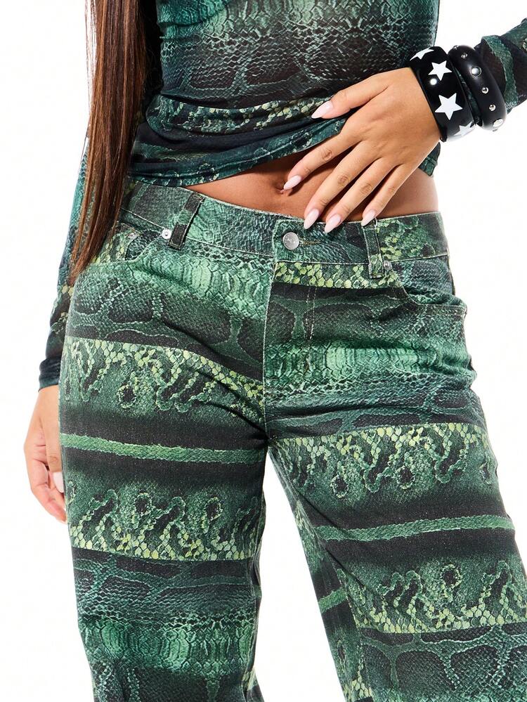 SUMWON WOMEN Women Snake Print High Waisted Wide Leg Palazzo Pants Green Animal Pattern Flare Trousers Fall Winter Fashion