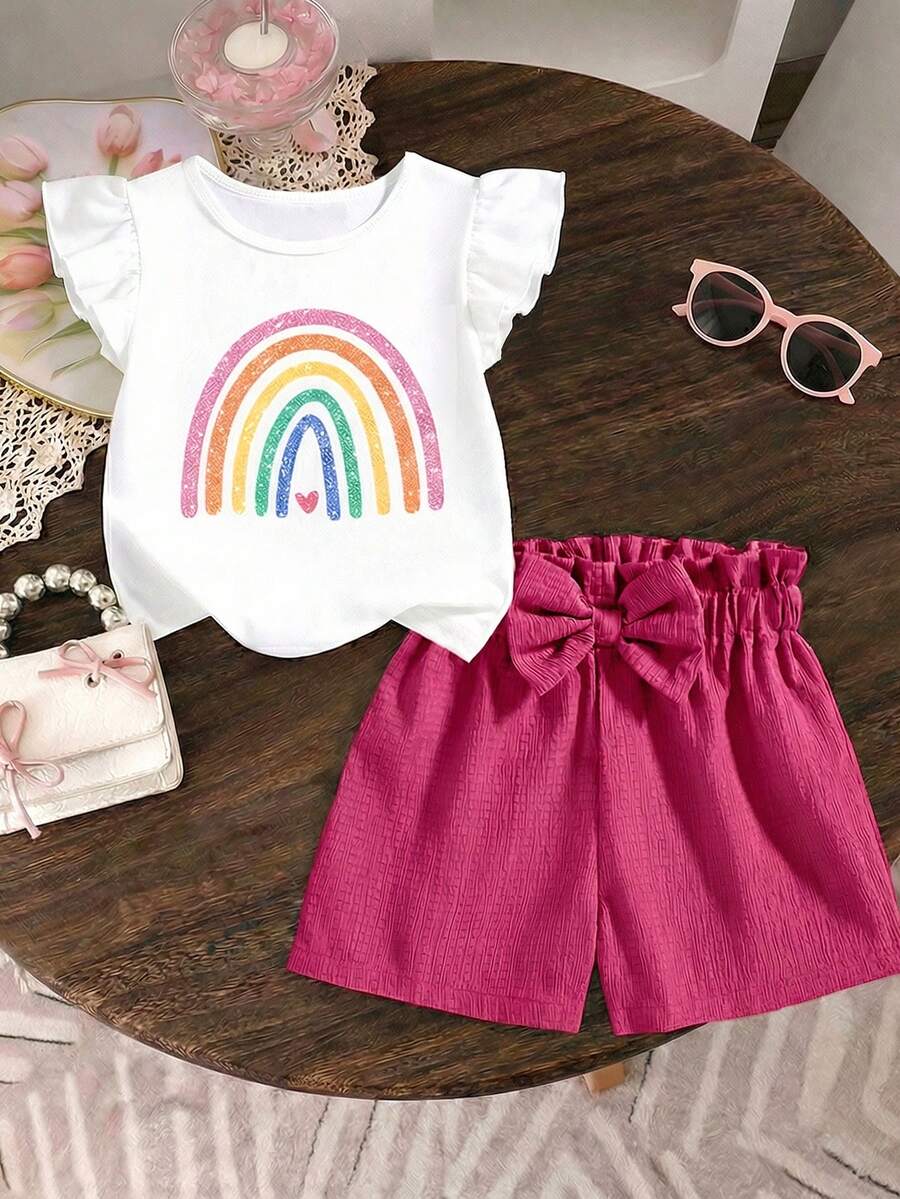 2pcs/Set Toddler Girls' Summer Rainbow Print Round Neck Cap Sleeve T-Shirt And Casual Straight Shorts With Bow Front Cute Outfit - Multicolor - View 1