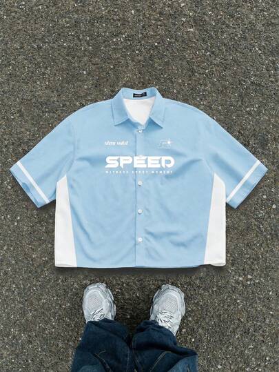 Manfinity ZONE917 男士撞色拼接字母印花短款衬衫