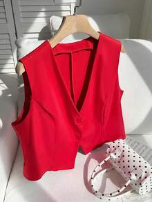 SHEIN EZwear 大码轻薄玫瑰红西装背心，适合毕业典礼、返校、秋冬季教师穿着，女士红色夏季上衣，红色背心，红色露脐上衣 - 紅色 - 查看 7