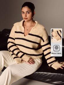 Juhart 大码女式拼色条纹高领长袖休闲套头衫，冬季 - 彩色 - 查看 1