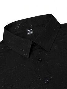 Manfinity Bizformal 男士黑色纹理亮片装饰商务长袖衬衫/现代奢华/魅力夜生活/夏季黑色亮片纽扣衬衫，轻盈透气面料，闪亮点缀，约会之夜和晚宴的百搭上衣/男士纯黑色亮片正装衬衫，闪亮弹力面料，亮片细节，修身剪裁，适合派对男士/黑色衬衫/商务休闲男士衬衫/黑色领衬衫/男士亮片衬衫/黑色正装男士衬衫 - 黑色 - 查看 5