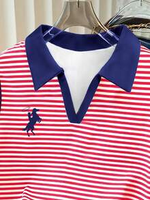 Resyla 美式复古红白条纹撞色V领Polo衫，马术图案休闲短袖上衣 - 彩色 - 查看 3