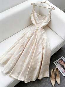 Elenzga 女士复古提花优雅度假法式风格收腰光泽面料A字连衣裙，夏季 - 杏色 - 查看 3