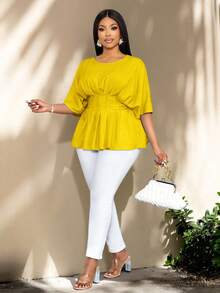 SOLERSUN Plus Size Women's Early Spring And Summer Dresses, Elegant Vacations, Casual Short Sleeves, Raglan Sleeves, Bat Sleeves, T-Shirts, Waist Belts, Woven Fabrics With Yellow Front Pleats, Daily Collocation, Shopping, Dating, Spring Break, Valentine's Day, And Fashionable Commuting. Yellow Summer Top Yellow Top Blouse Yellow Top For Women Elegant Blouse For Women Casual Elegant Latest Tops For Women New Arrivals - Mustard Yellow - View 1