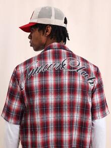 SUMWON Men's Crop Fit Plaid Shirt With Back Graphics Short Sleeve Button Down Collared Checked Flannel Distressed Red White Black Pattern Casual Summer - Black - View 6