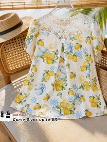 SHEIN CURVE+ 加大码 US22 音乐节、海滨度假、波西米亚风女士假日蕾丝花卉印花花瓣短袖衬衫 夏季/乡村/海滩度假/沙滩装、夏季上衣 - 白色 - 查看 10
