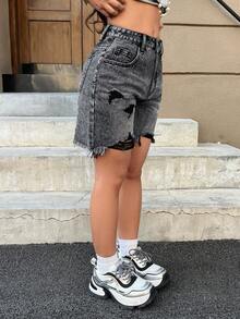 SHEIN PETITE Women's Casual Distressed Frayed Hem Denim Shorts - Black - View 7