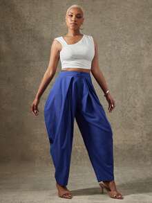 Vixey Áo dệt kim trơn, cổ áo bất đối xứng, tay ngắn - Màu be - Xem 1