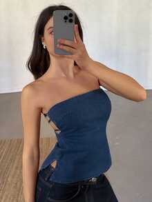 DAZY 夏季女士休闲侧开衩露背抹胸牛仔上衣 - 中等水洗藍 - 查看 8