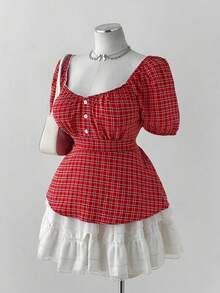 Sweetra Camisa casual de manga corta a cuadros rojos, primavera/verano - Multicolor - Ver 7