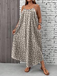 EMERY ROSE Plus Size Pattern Spaghetti Strap Backless Vacation Style Loose & Comfortable Dress,Beach Dress Sundress,Holiday Outfits Boho - Khaki - View 4
