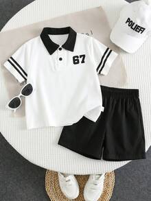 2pcs/Set Young Boys White Polo Co-Ords,Casual,Cute&Sporty 67 Contrast Color Shirt&Black Trim Shorts,Summer School Back-To-School Daily Wear Outings - Black and White - View 5