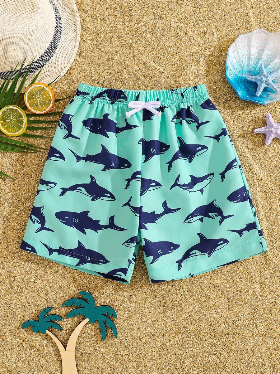 SHEIN 男童休闲宽松时尚可爱经典海洋鲨鱼海豚印花泳裤，适合夏季穿着 - 彩色 - 查看 1