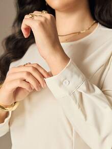 Juhart 大码女式梭织常规优雅圆领长袖褶皱米色连衣裙，秋冬 - 米色 - 查看 7