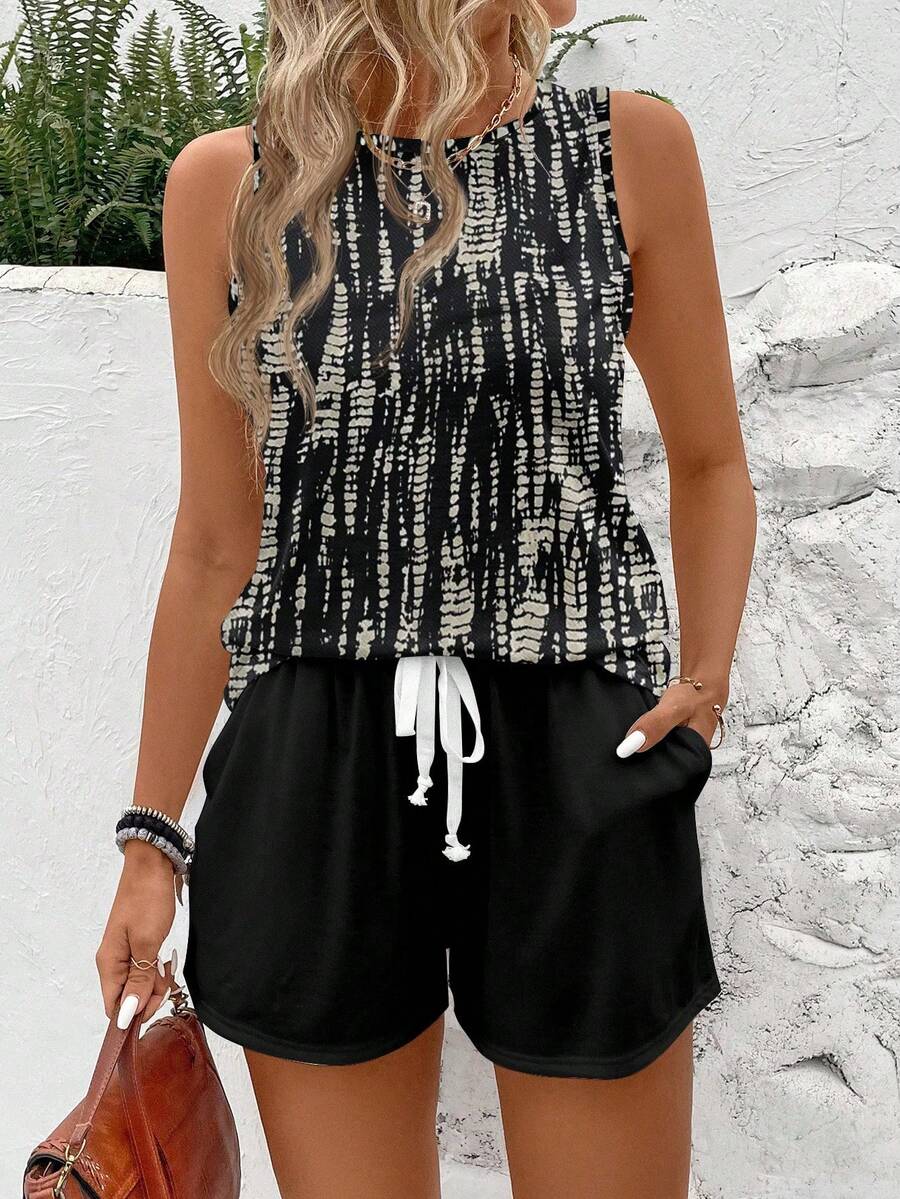 SHEIN LUNE Women's Casual Round Neck Retro Printed Striped Contrast Color Pattern Tank Top And Shorts 2-Piece Set, Suitable For Summer, Outing, Street, Work Commute, Party, Chic - Multicolor - View 1