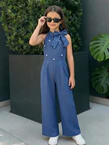 SHEIN 春夏灰蓝色蝴蝶结装饰无袖连体裤，宽松阔腿裤，简约风格，适合年轻女孩日常穿着、短途通勤、与朋友休闲聚会。 - 藍色 - 查看 4