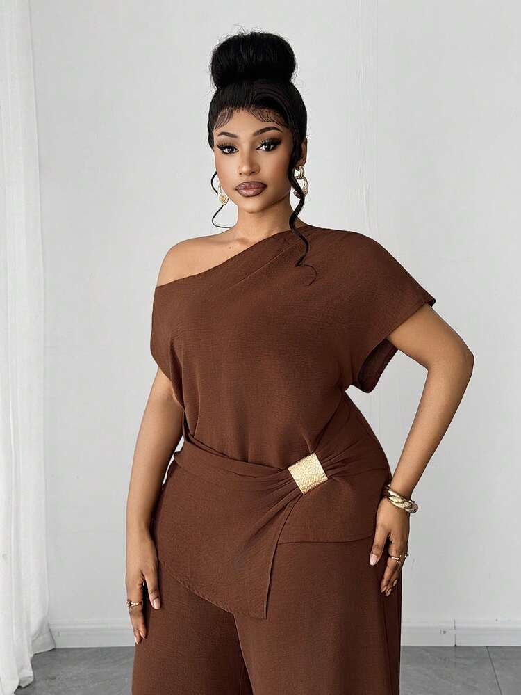 Maweii Conjunto de 2 piezas para mujer talla grande: Blusa con bajo asimétrico y pantalones de pierna ancha - Café integral - Añade 4