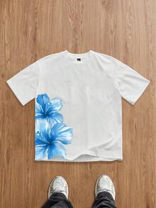 Manfinity Joysei Camiseta de manga corta con cuello redondo y estampado floral para hombre, ideal para vacaciones de verano - Blanco - Ver 1