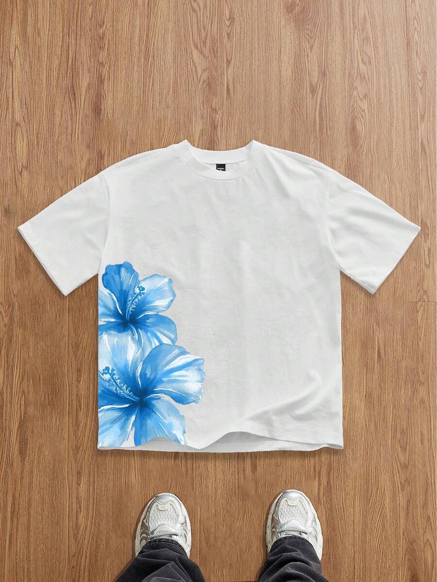Manfinity Joysei Camiseta de manga corta con cuello redondo y estampado floral para hombre, ideal para vacaciones de verano - Blanco - Ver 1