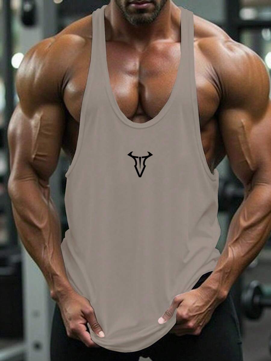 GymBeat 男士牛頭印花休閒百搭日常旅行運動T恤 - 淺灰色 - 查看 1