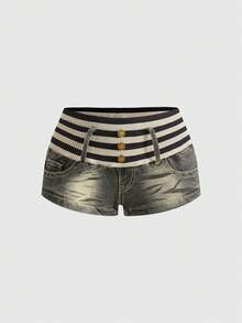 ROMWE Grunge Punk Y2K Crop Ribbed Patchwork Ultra Low Waist Women Denim Shorts - Army Green - View 1