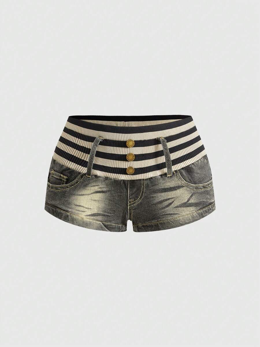 ROMWE Grunge Punk Y2K Crop Ribbed Patchwork Ultra Low Waist Women Denim Shorts - Army Green - View 1