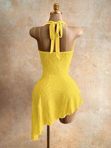 Mistrie 女士性感露背V领系带迷你连衣裙，不对称下摆，适合度假、约会、派对、音乐节等场合。 - 黃色 - 查看 2