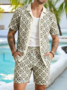 VENTUSAIL 男士针织菱格纹短袖衬衫和短裤套装 - 彩色 - 查看 6