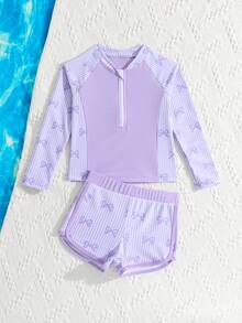 SHEIN Young Girls 2-Piece Tankinis Swimwear,Purple Bow Floral Print Long Sleeve Rash Guard Top With Ruffled Shorts,Cute Summer Beach Holiday Bathing Suits - Purple - View 3
